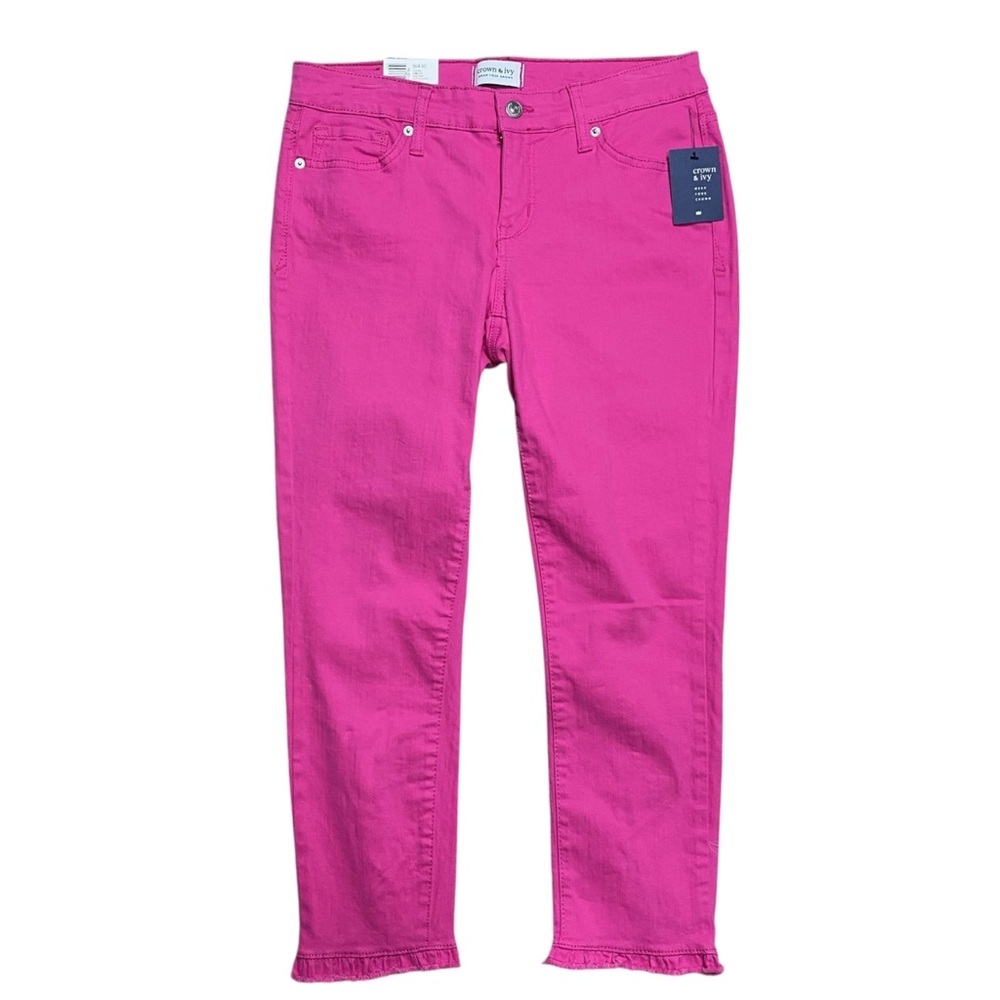 CROWN & IVY Crop Ruffle Capri Denim Jeans Pants Hot Pink Sz 4 NWT